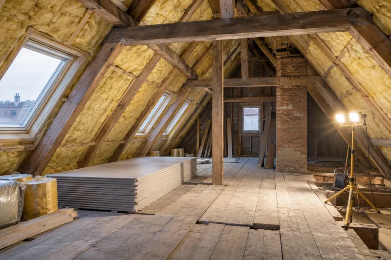 Innenausbau im Dachgeschoss: Dachgeschoss im Rohbau mit gedämmten Sparren und bereitliegenden Gipskartonplatten