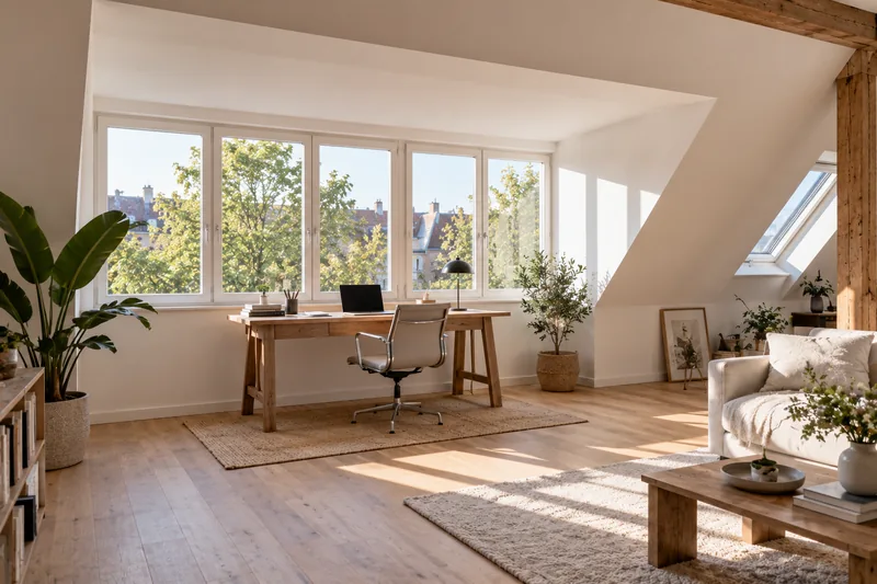 Fenster und Türen im Dachgeschoss: Arbeitsplatz im Fenster einer breiten Gaube im ausgebauten Dachgeschoss