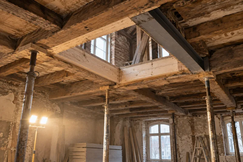 Deckendurchbruch in Berlin: Deckenöffnung in einer Holzbalkendecke mit Wechselbalken und Stahlträger