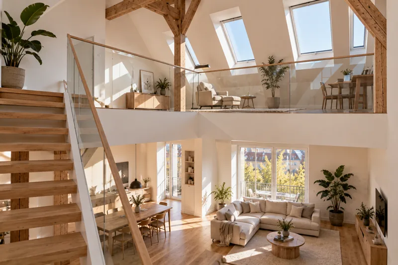 Maisonette-Ausbau in Berlin: Maisonette mit Galerie, Glasbrüstung und Luftraum unter dem Dach