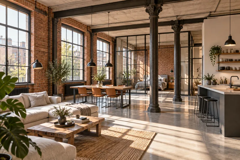 Loft-Ausbau in Berlin: ausgebautes Loft in einer Fabriketage mit Sichtmauerwerk und Sprossenfenstern