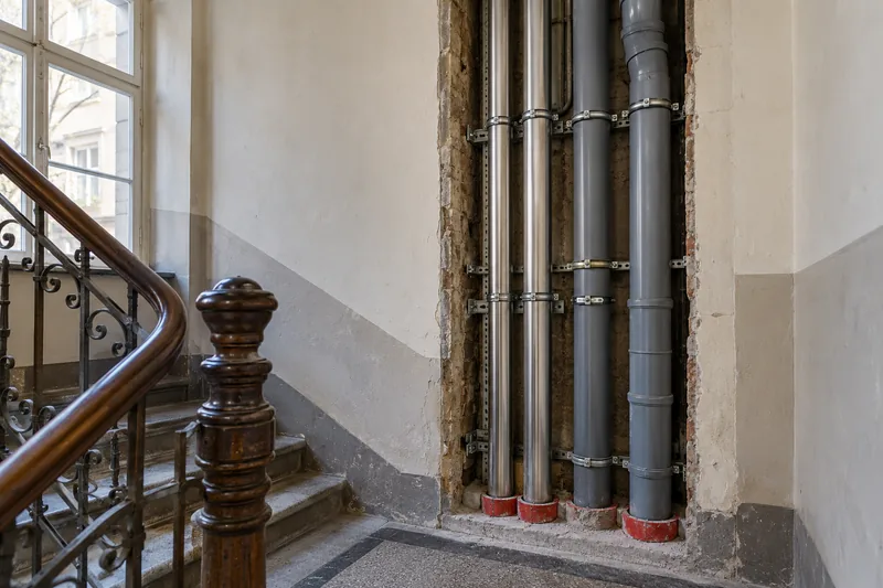 Strangsanierung beim Dachausbau: neue Steigleitungen im geöffneten Schacht auf dem Weg ins Dachgeschoss